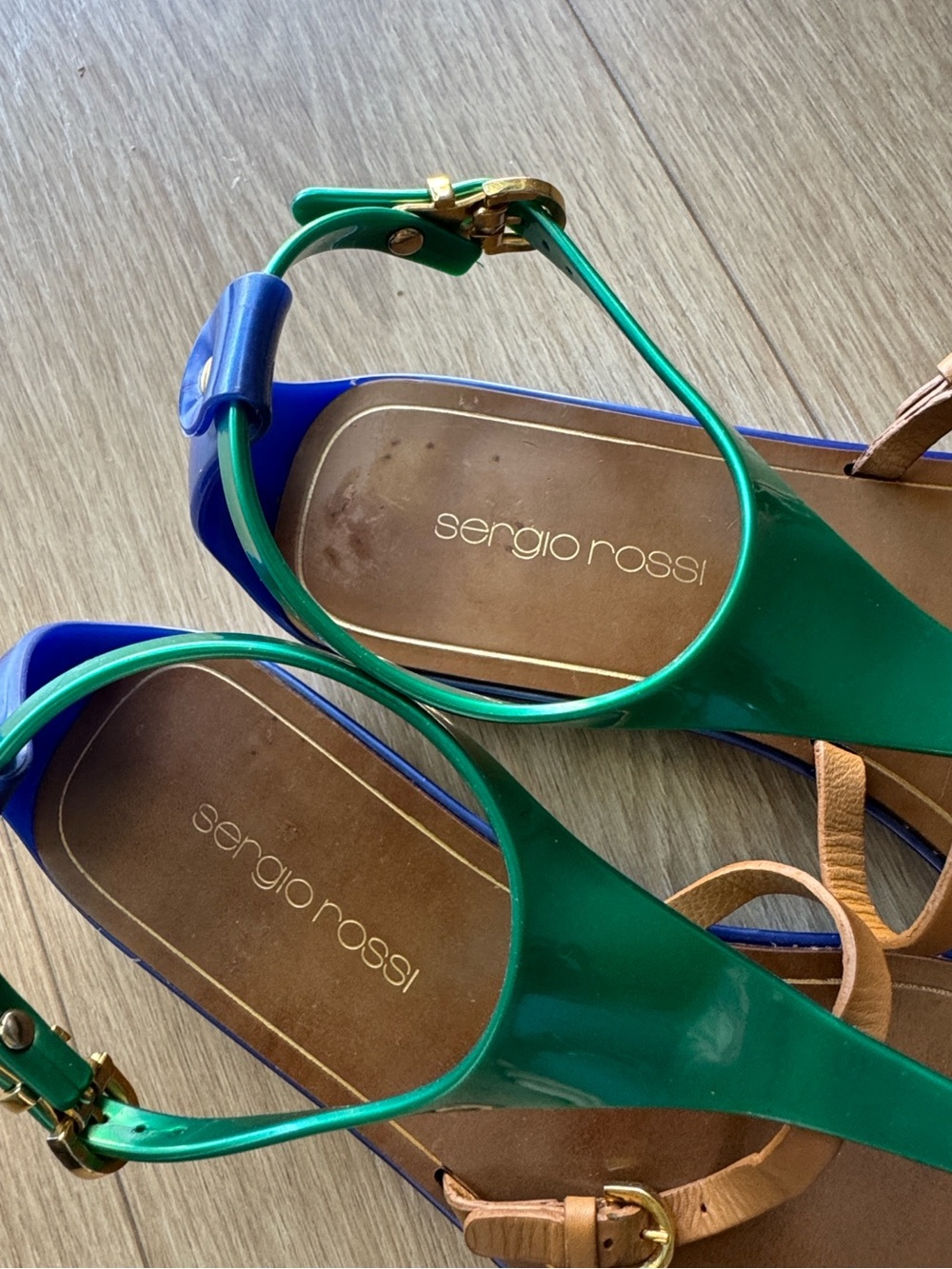 VINTAGE Sergio Rossi Jelly Sandals Cleo Green Blue Tan Colorblock Size 36 - Picture 9 of 11
